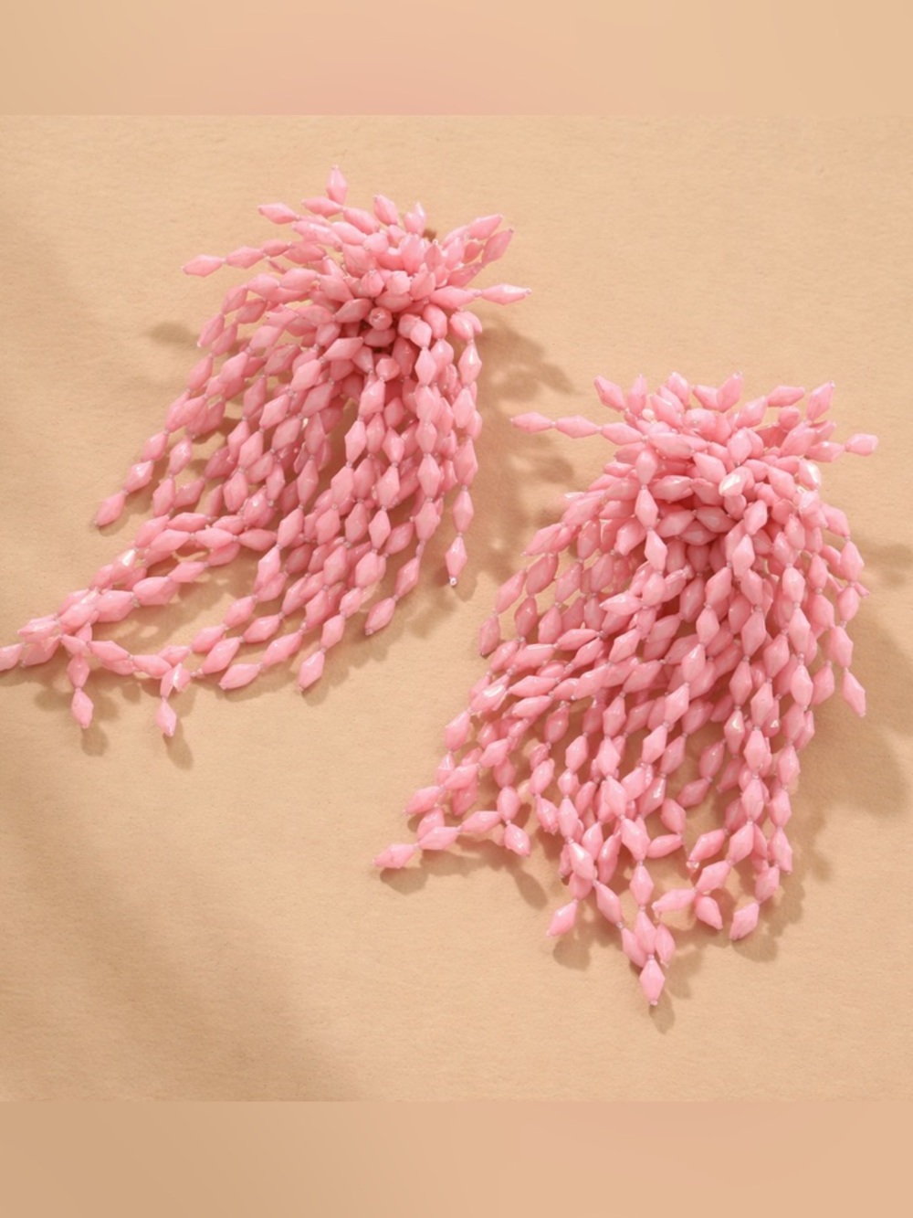 Beaded Tassel Statement Earrings in Pink